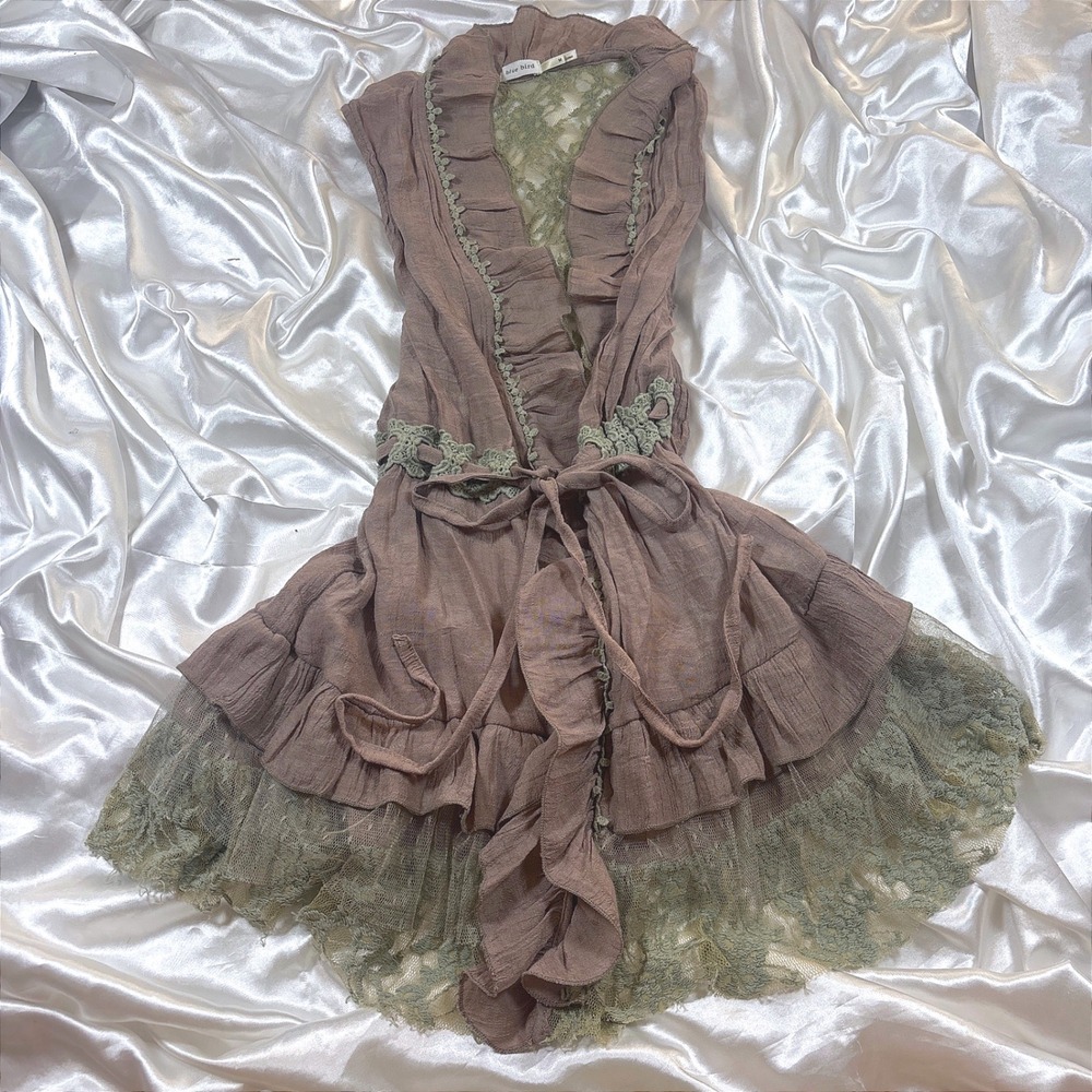 y2k Vest Brown Excellent Lace Ruffle Crochet Tie Front Fairycore Sleeveless Top
